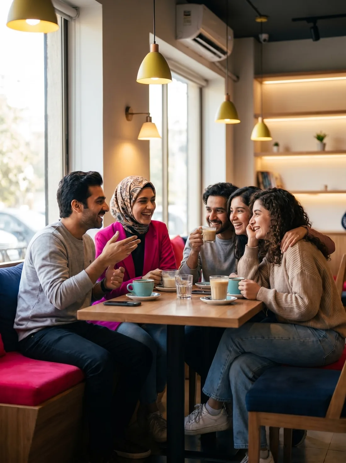 Students laughing over coffee
